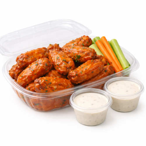 Buffalo chicken wings in a clear plastic takeout container with celery and carrot sticks and two small cups of ranch dressing, photographed on a clean white background.