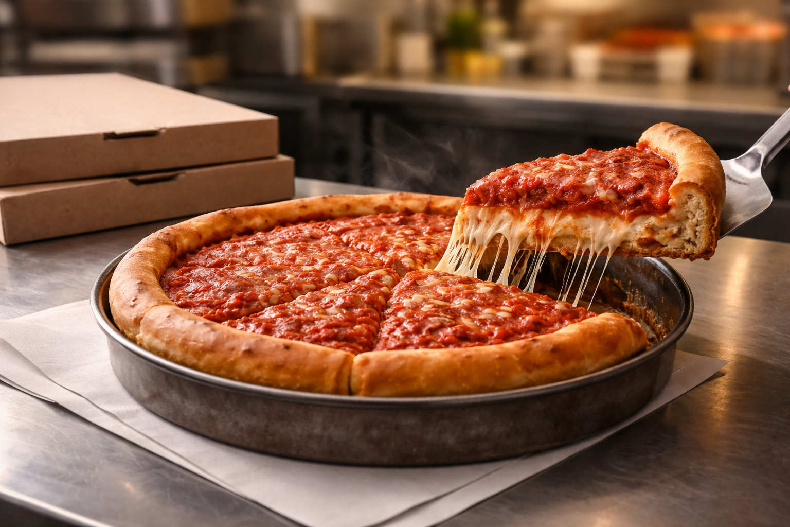 Chicago-Style Pizza Fresh From the Oven | Little Italian Pizza West Chicago-style deep dish pizza with a slice lifted, melted cheese pull, on a modern carryout counter with plain pizza boxes in the background
