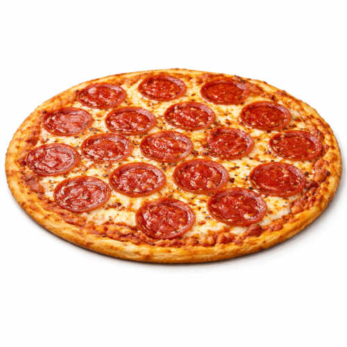 Thin crust pepperoni pizza with melted mozzarella and evenly spaced pepperoni slices, photographed on a clean white background.
